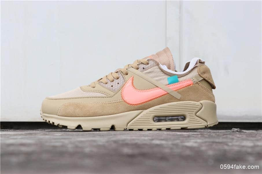 耐克联名款Off-White x Nike Air Max 90 2.0沙漠黄纯原版本正确细节蓝色防伪扣三色鞋带 货号：AA7293-200