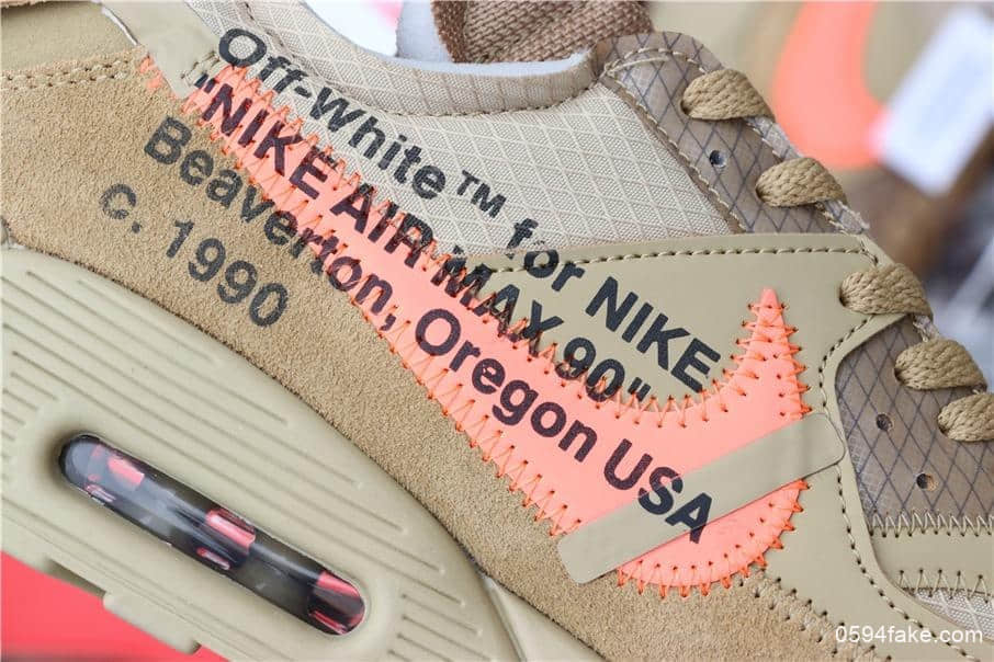 耐克联名款Off-White x Nike Air Max 90 2.0沙漠黄纯原版本正确细节蓝色防伪扣三色鞋带 货号：AA7293-200