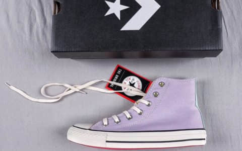 匡威Converse ALL STAR英国限定款彩色紫粉黄拼接正确硅蓝中底双鞋带时尚高帮休闲帆布鞋 货号：C0411A0V2-J11