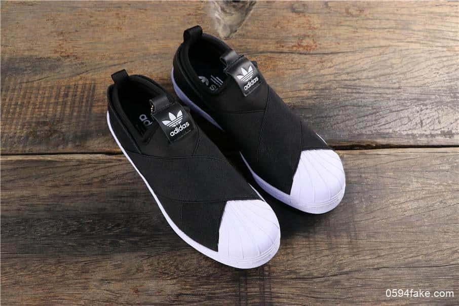 阿迪达斯Adidas SUPERSTAR SLIP ON W S贝壳头公司级交叉绑带黑白顶级版本外围可充正 货号：S81337