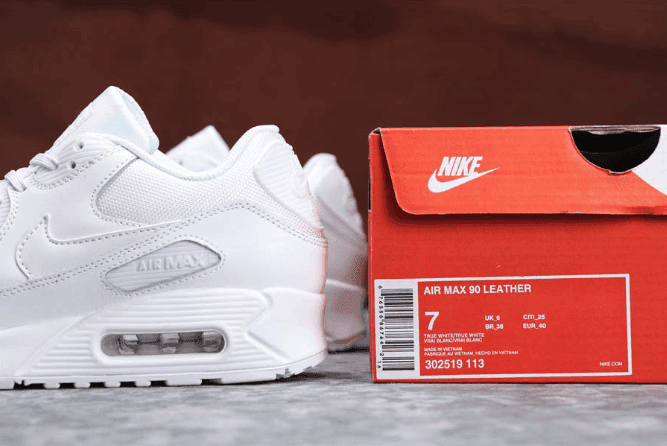 Nike Air Max 90 LEATHER纯白色 耐克真标高品质透明气垫复古皮面运动鞋 货号：302519-113