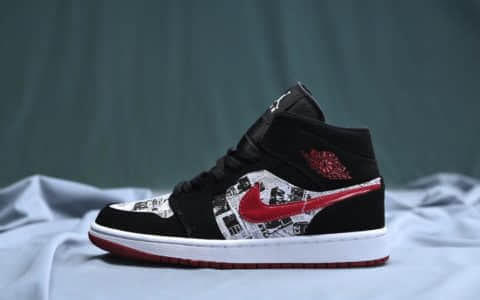 乔丹Air Jordan 1 Mid纯原版本乔老爷涂鸦鞋面AJ1中帮红色钩子小黑红熊猫脚实战篮球鞋 货号：852542-061