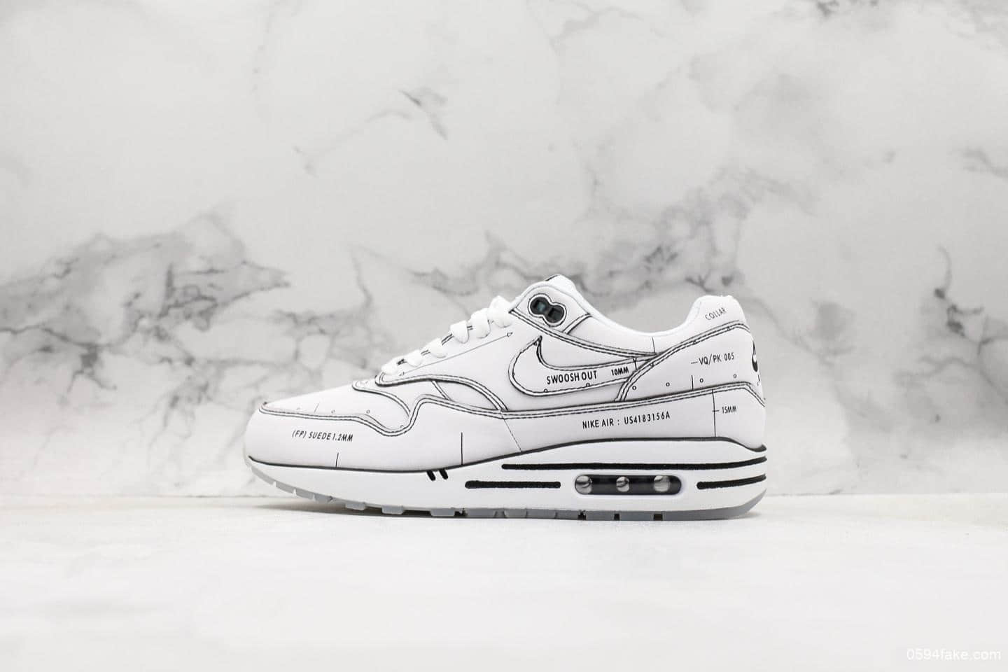 耐克Nike Air Max 1 Sketch Schematic联名款公司级手绘涂鸦小气垫手稿二次元黑线描绘小气垫运动潮鞋 货号：CJ4286-100