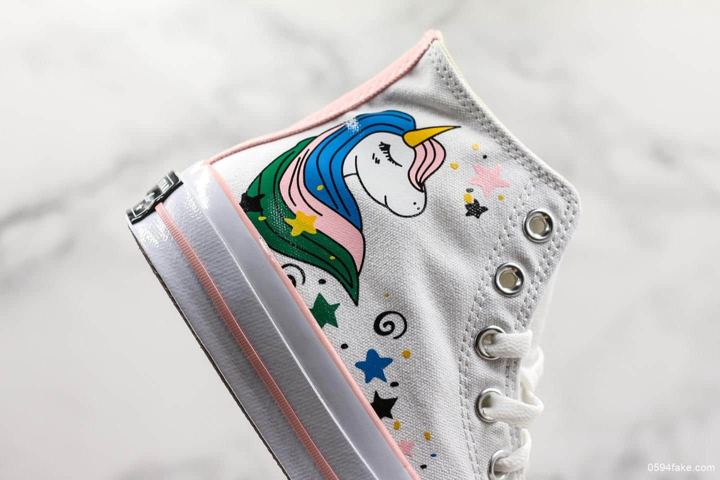 匡威Converse 1970S卡通手绘独角兽真标硫化蓝底最新工艺硫化版本全新转印后跟三星标联名彩虹高帮帆布鞋