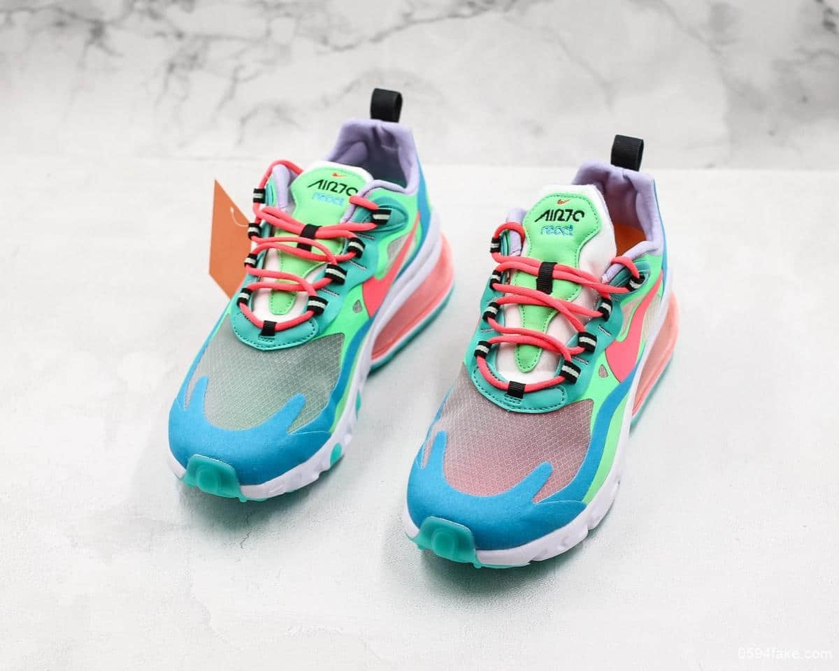 耐克Nike Air Max 270 React绿蓝红公司级 高频网面 复古技能风休闲缓震鞋 货号：AT6174-300