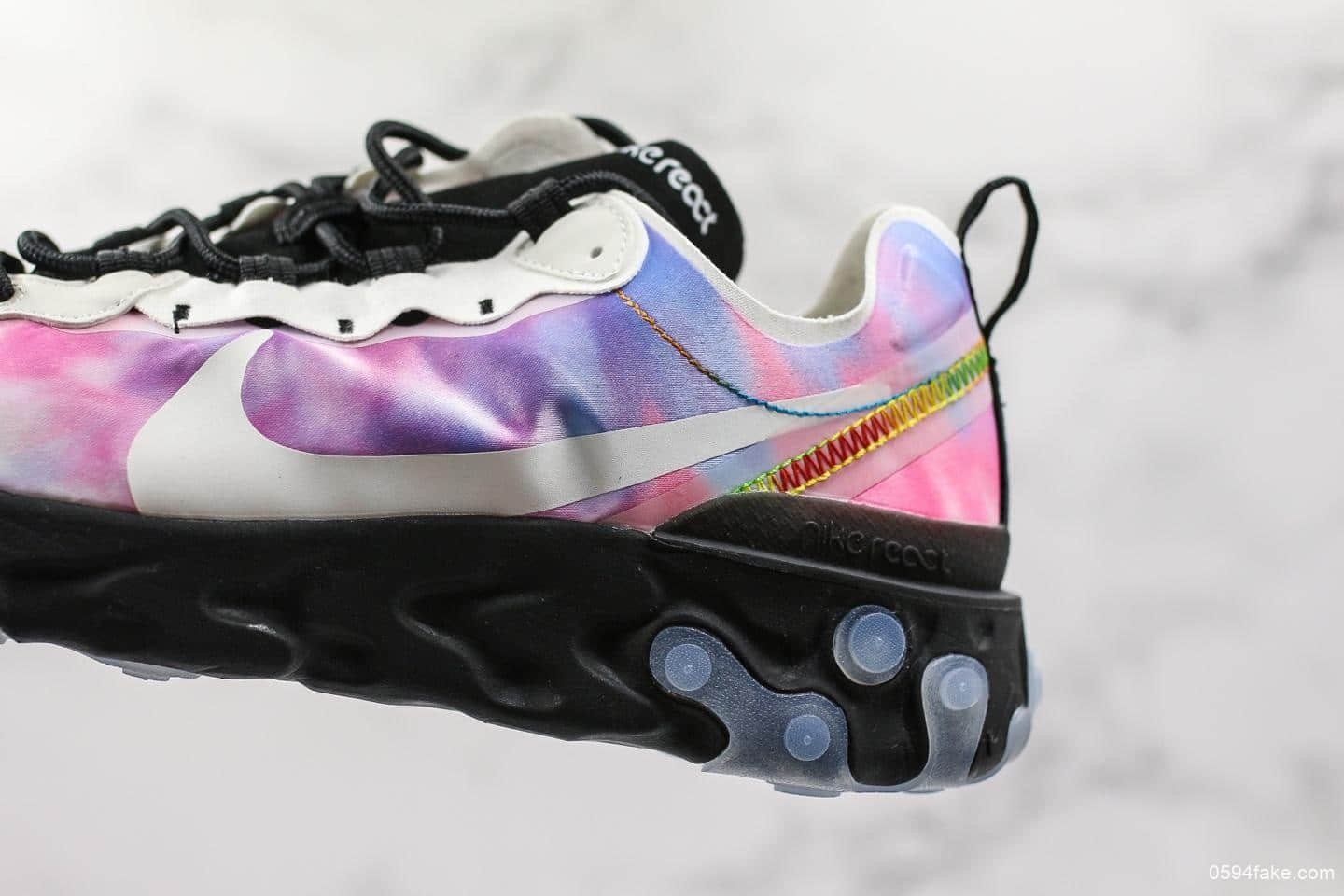 耐克Nike React Element 55 PRM SU19“Tie Dye”高桥盾联名彩虹炫彩扎染跑鞋公司级带半码原厂韩国进口纱网 货号：CJ6896-901