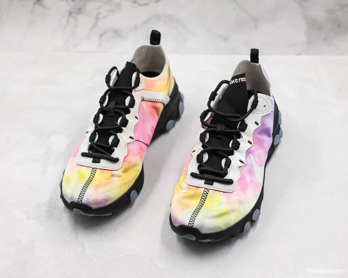 耐克Nike React Element 55 PRM SU19“Tie Dye”高桥盾联名彩虹炫彩扎染跑鞋公司级带半码原厂韩国进口纱网 货号：CJ6896-901