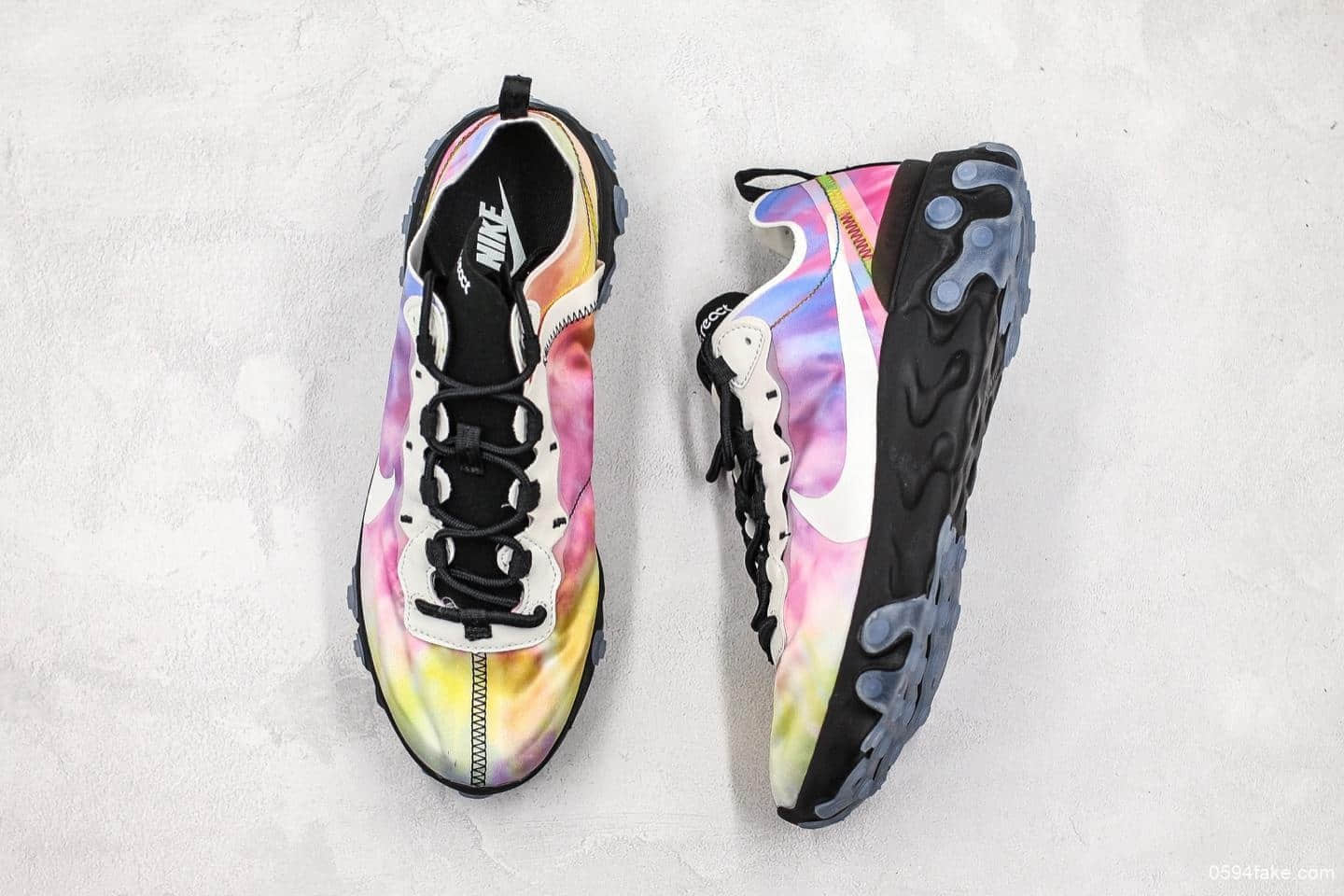 耐克Nike React Element 55 PRM SU19“Tie Dye”高桥盾联名彩虹炫彩扎染跑鞋公司级带半码原厂韩国进口纱网 货号：CJ6896-901