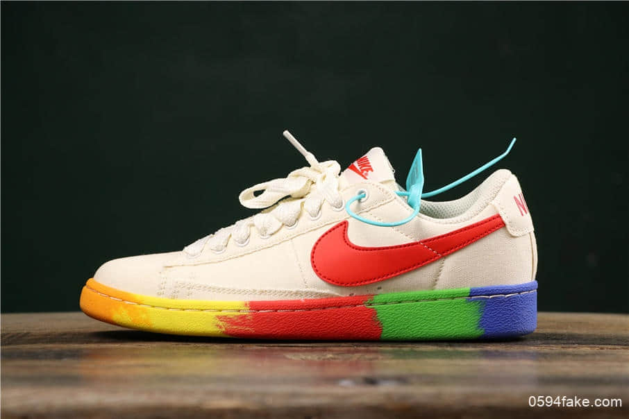 耐克Nike Blazer Bruin Low QS彩虹底米白纯原版本内置Zoom气垫低帮开拓者休闲板鞋 货号：AA1057-106