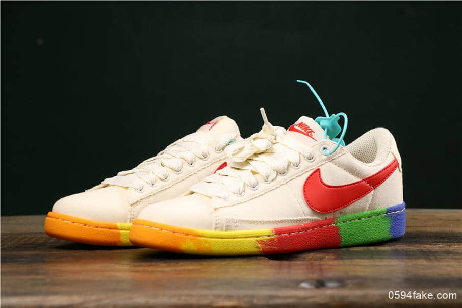 耐克Nike Blazer Bruin Low QS彩虹底米白纯原版本内置Zoom气垫低帮开拓者休闲板鞋 货号：AA1057-106