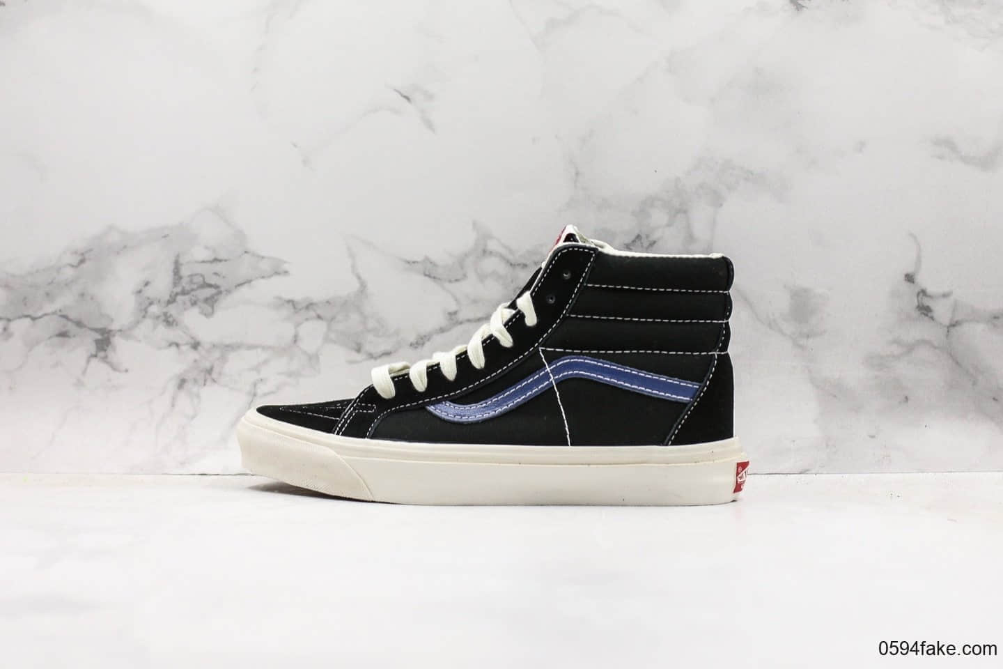 万斯Vans Vault OG SK8-Hi LX安纳海姆高帮板鞋黑蓝条公司级带半码 正确翘头鸟嘴贴合弧度硫化1：1 货号：VN0A45JLVQP