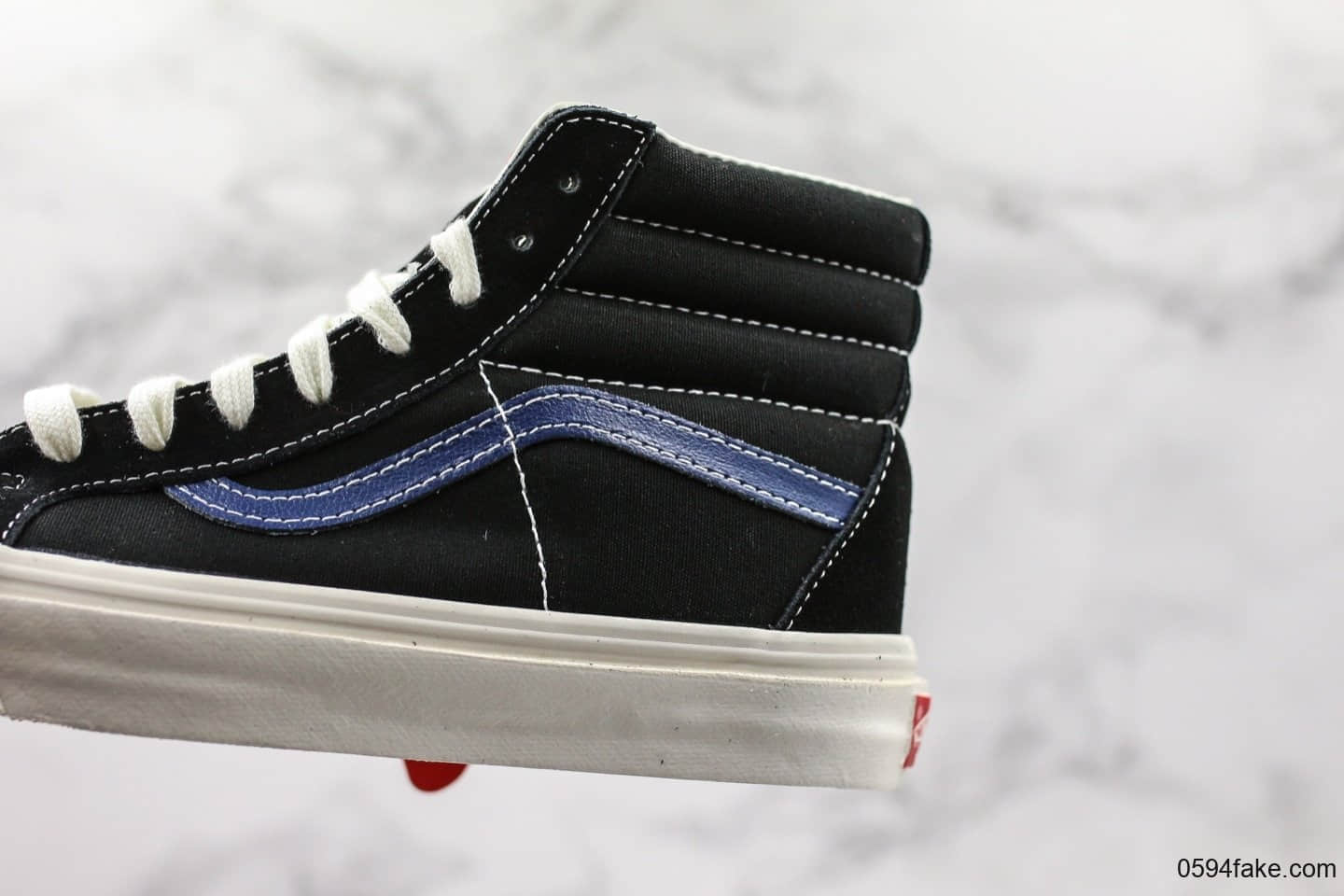 万斯Vans Vault OG SK8-Hi LX安纳海姆高帮板鞋黑蓝条公司级带半码 正确翘头鸟嘴贴合弧度硫化1：1 货号：VN0A45JLVQP