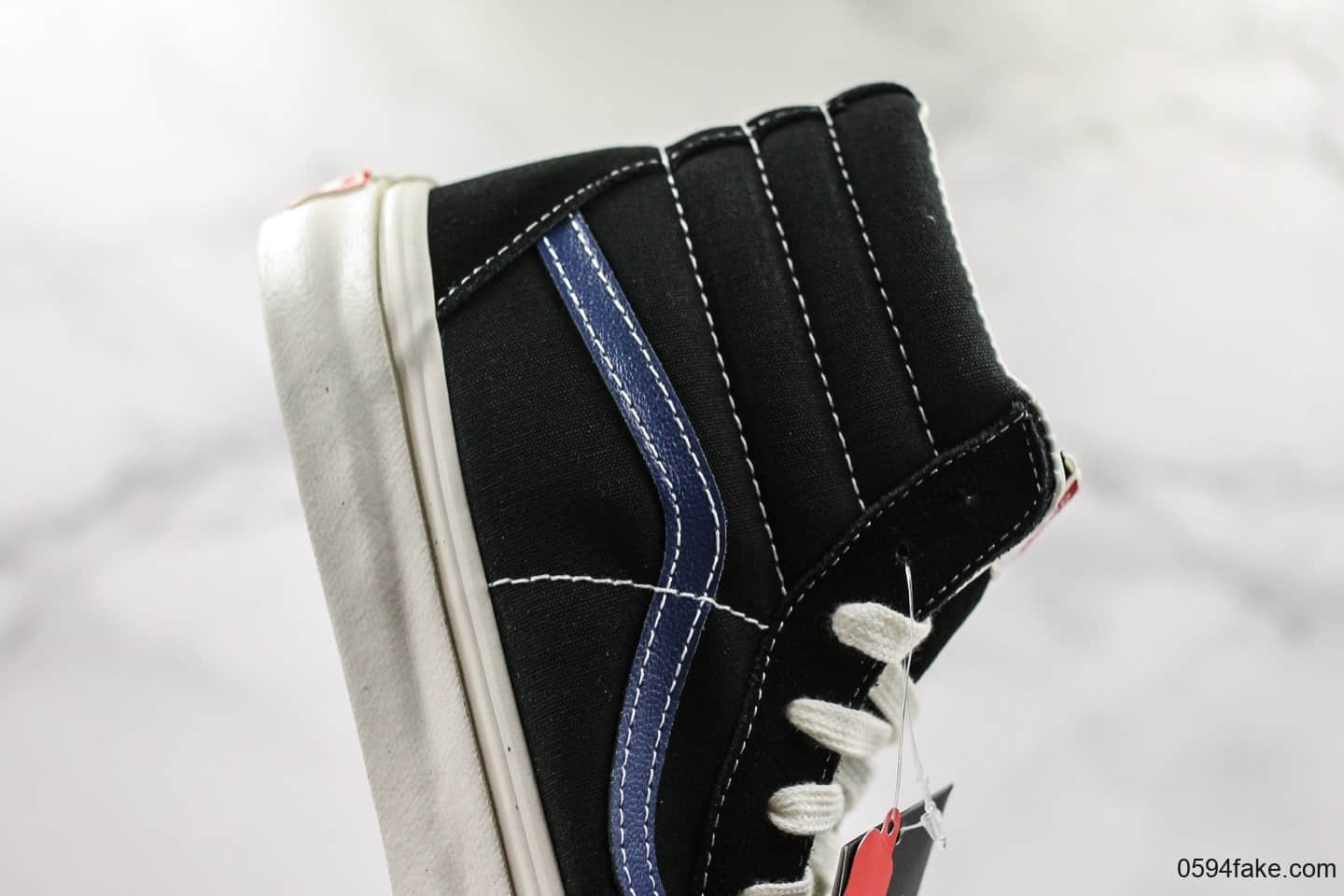 万斯Vans Vault OG SK8-Hi LX安纳海姆高帮板鞋黑蓝条公司级带半码 正确翘头鸟嘴贴合弧度硫化1：1 货号：VN0A45JLVQP