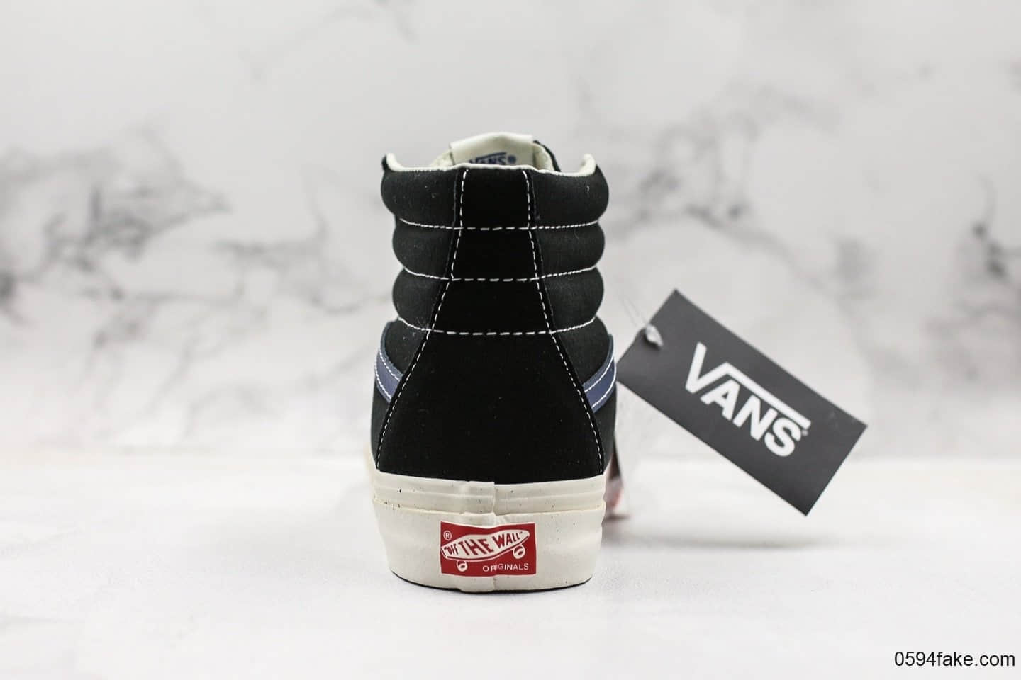 万斯Vans Vault OG SK8-Hi LX安纳海姆高帮板鞋黑蓝条公司级带半码 正确翘头鸟嘴贴合弧度硫化1：1 货号：VN0A45JLVQP