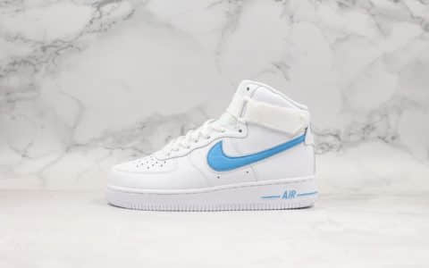 耐克Nike Air Force 1 High '07 3'White blue纯原版本高帮空军一号白蓝硬质荔枝纹移模革材质原楦头原纸板打造 货号：AT4141-102