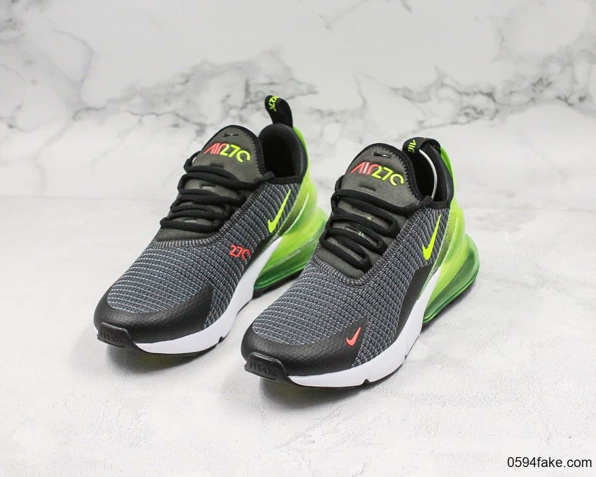 耐克Nike Air Max 270网面半掌气垫跑步鞋黑灰荧光绿3M满天星公司级带半码原档案数据开发客供xp气垫 货号：AQ9164-101