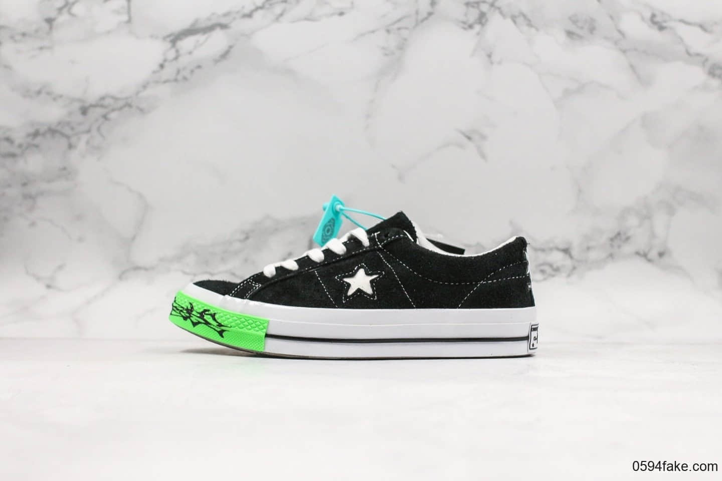 匡威sadboys Gear x Converse x One star Toxic系列公司级版本经典黑色麂皮荧光一星系列经典低帮复古皮革休闲百搭硫化板鞋萤光绿老虎头经典黑一星 货号：158369C