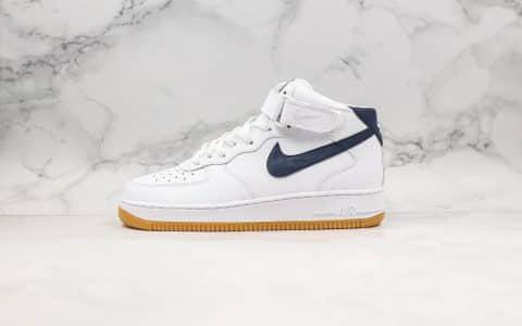 耐克Nike Air Force1 Mid纯原版本高帮空军一号海外发售款深蓝白生胶色内置solo气垫原鞋开模原材打造 货号：CI0058-100