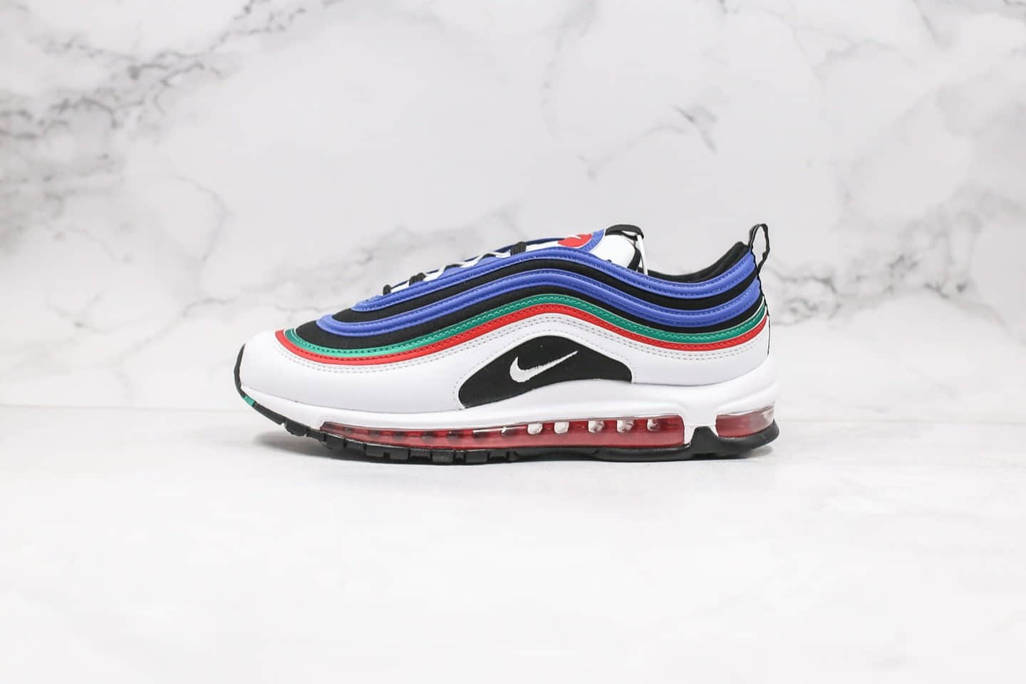 耐克Nike Air Max 97纯原版本子弹Max97气垫鞋黑蓝白绿红拼色内置真实气垫原盒原标 货号：CW7013-100