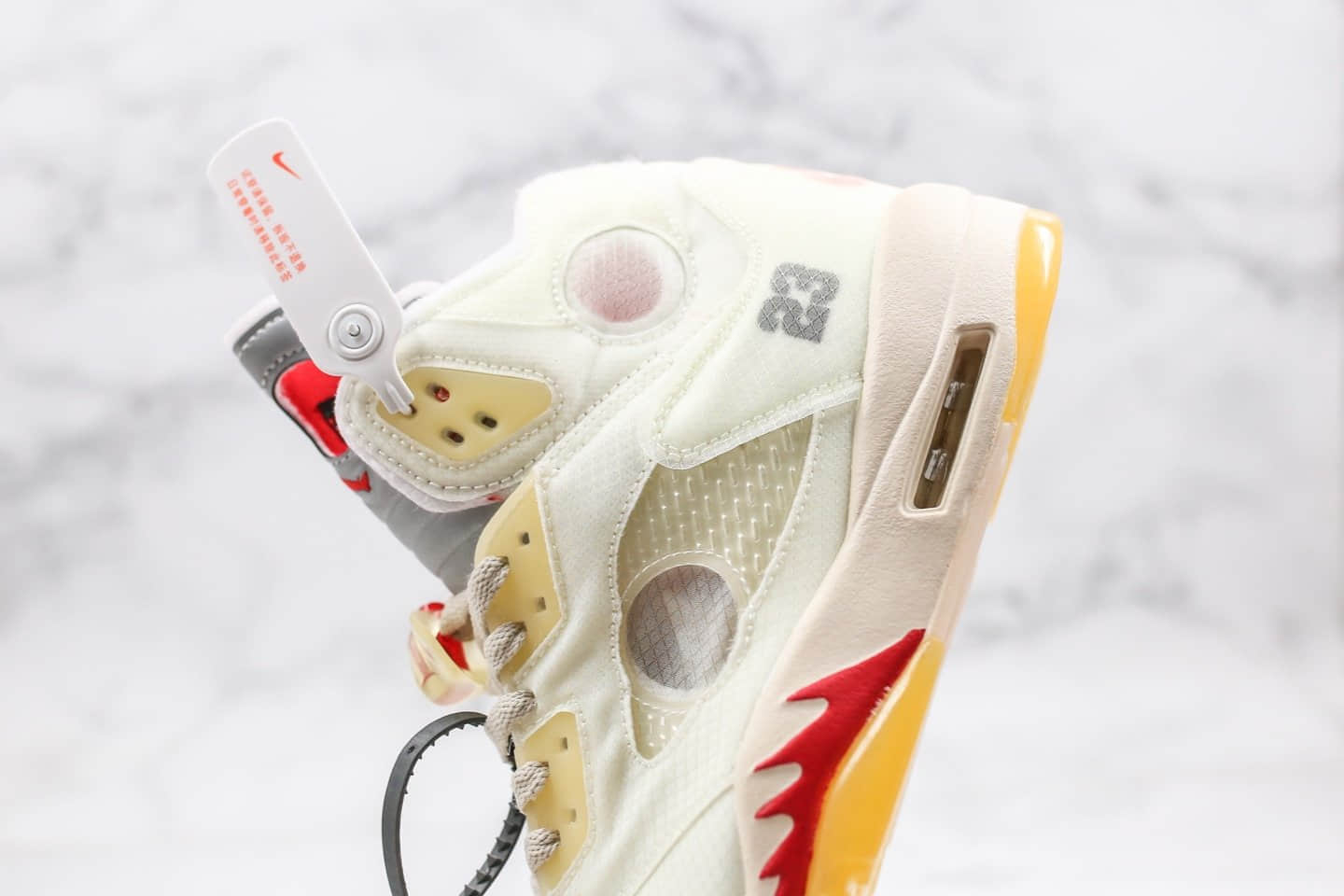 乔丹OFF-WHITE x Air Jordan 5 Cream纯原版本OW联名款AJ5奶油冰淇淋配色原盒配件3M鞋舌反光正确后跟定型 货号：CT8480-100