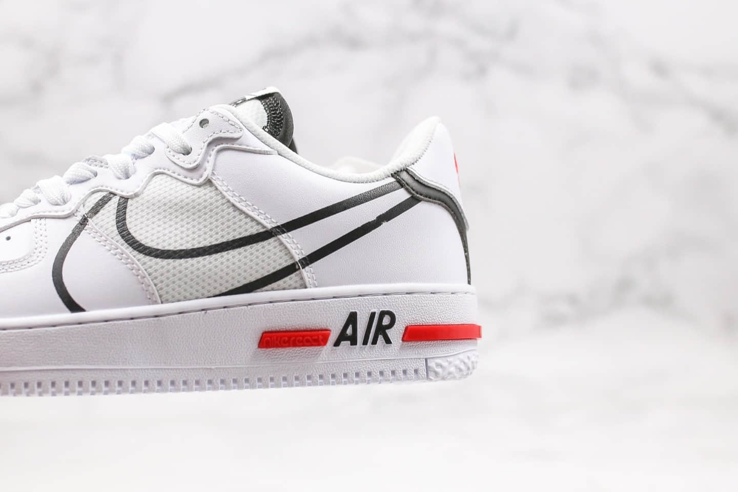 耐克Nike AIR FORCE 1 REACT WHITE D MS X纯原版本低帮空军一号白黑红波浪正确React缓震大底原盒原标 货号：CD4366-100