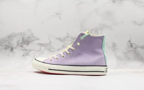 匡威Converse Chuck Taylor All Star公司级版本高帮帆布鞋阴阳鸳鸯双面拼接粉紫配色蓝底双鞋带 货号：163977C