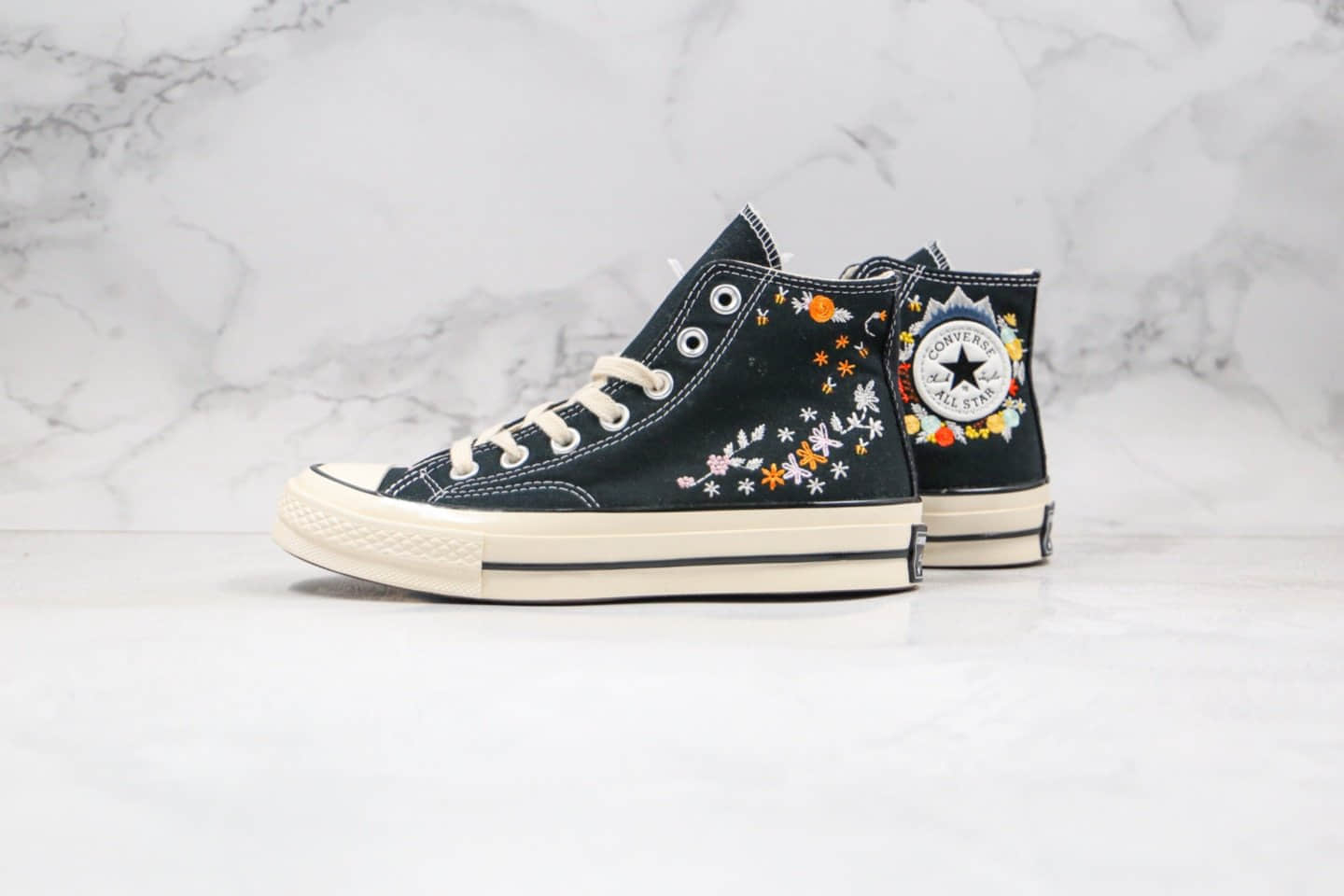 匡威Converse Chuck 1970s公司级版本刺绣花卉黑色高帮帆布鞋双围条原厂硫化蓝底