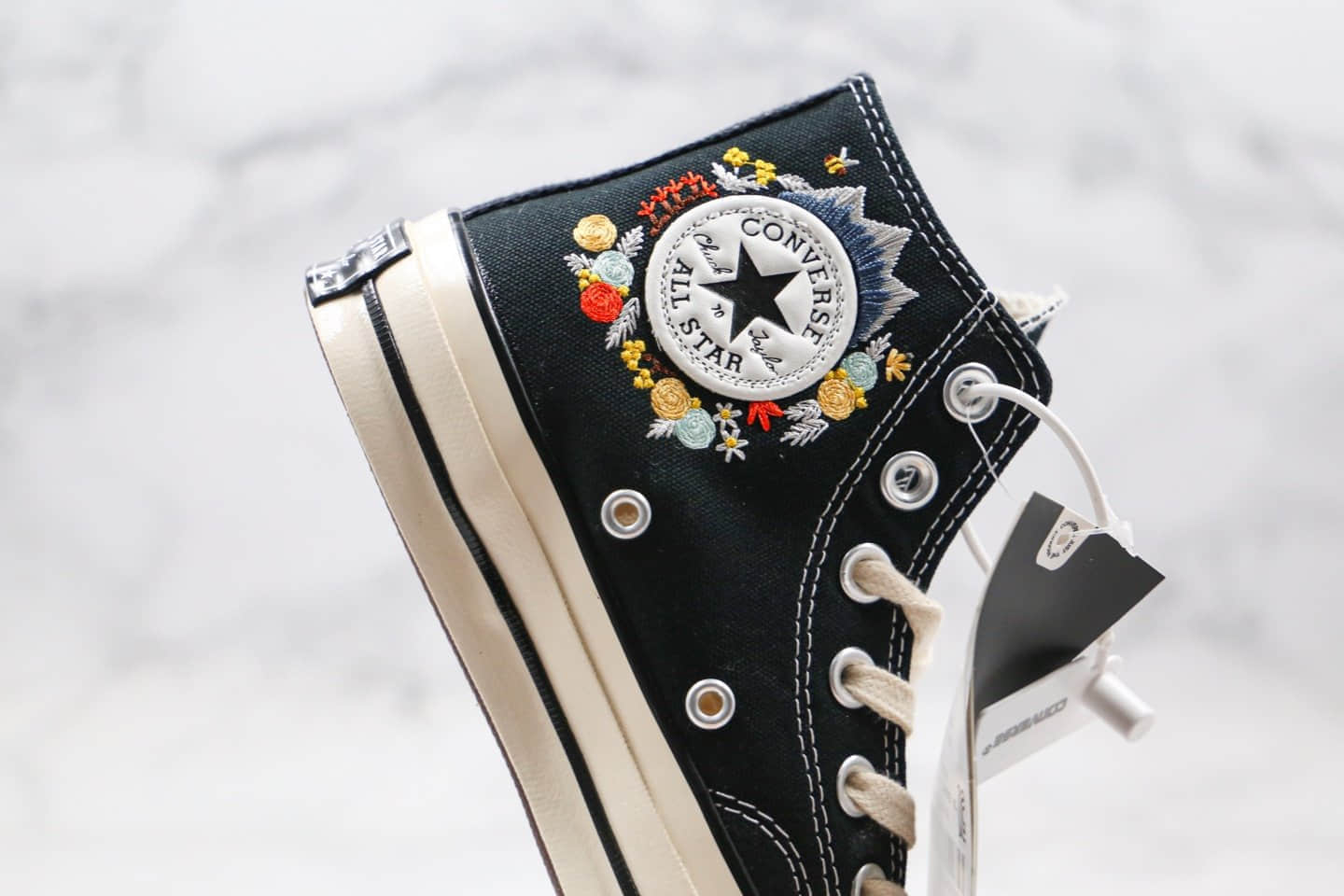 匡威Converse Chuck 1970s公司级版本刺绣花卉黑色高帮帆布鞋双围条原厂硫化蓝底