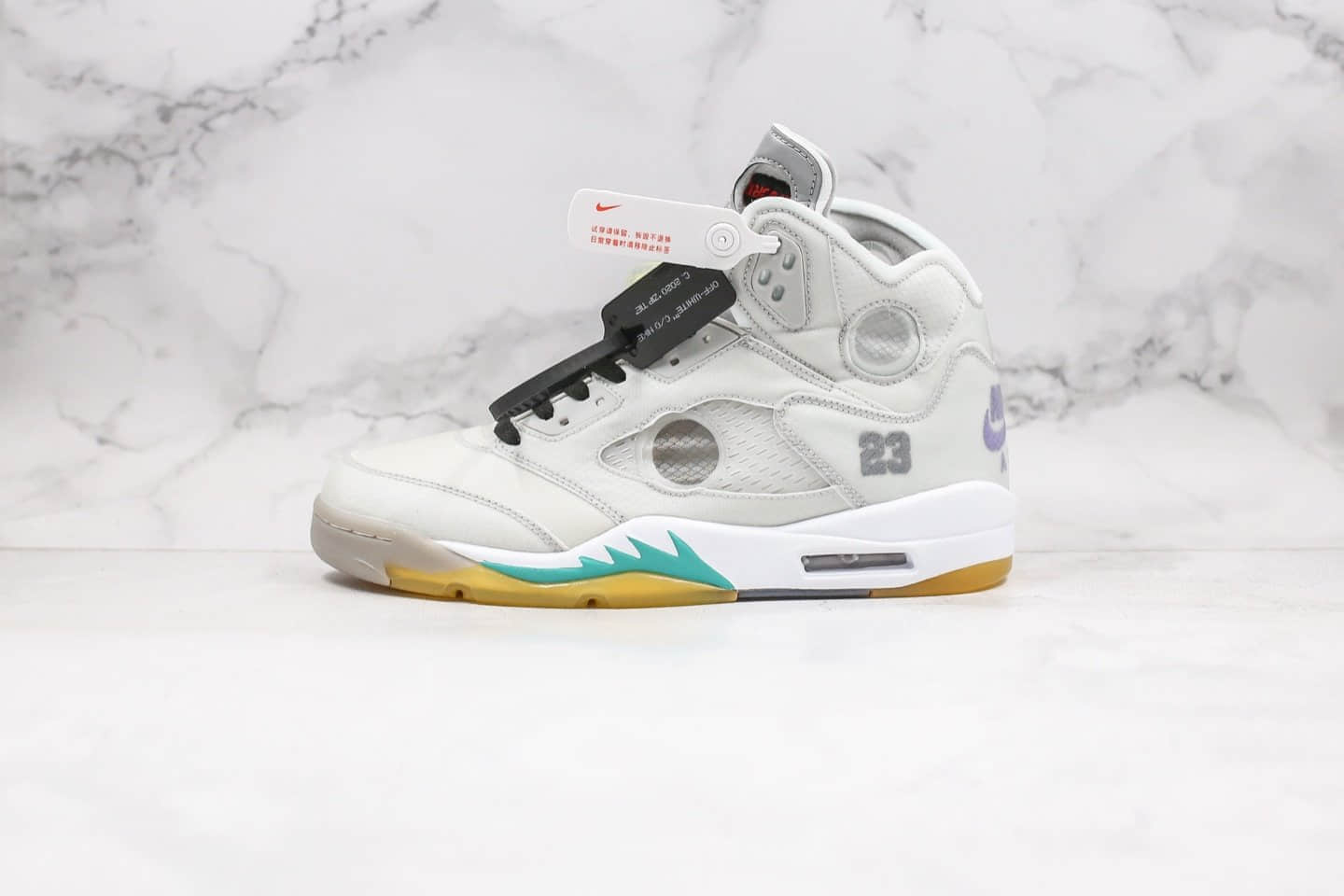 乔丹OFF-WHITE X Air Jordan 5纯原版本联名款OW AJ5蝉翼浅灰色内置气垫原档案数据开发 货号：CT8480-105