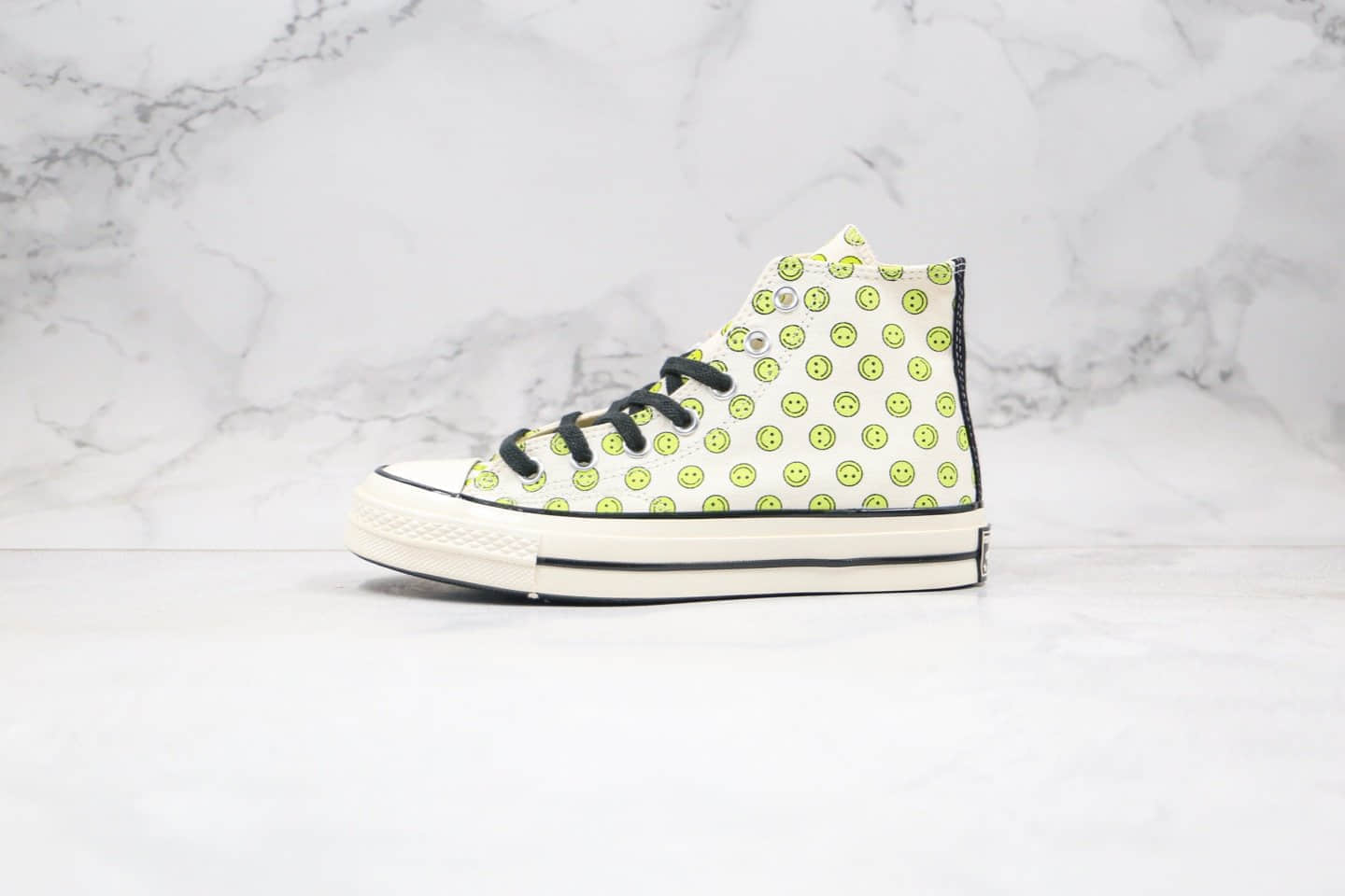 匡威Converse Chuck 70 HAPPY CAMPER公司级版本高帮笑脸黄绿色印花帆布鞋正确蓝底双围条硫化板鞋