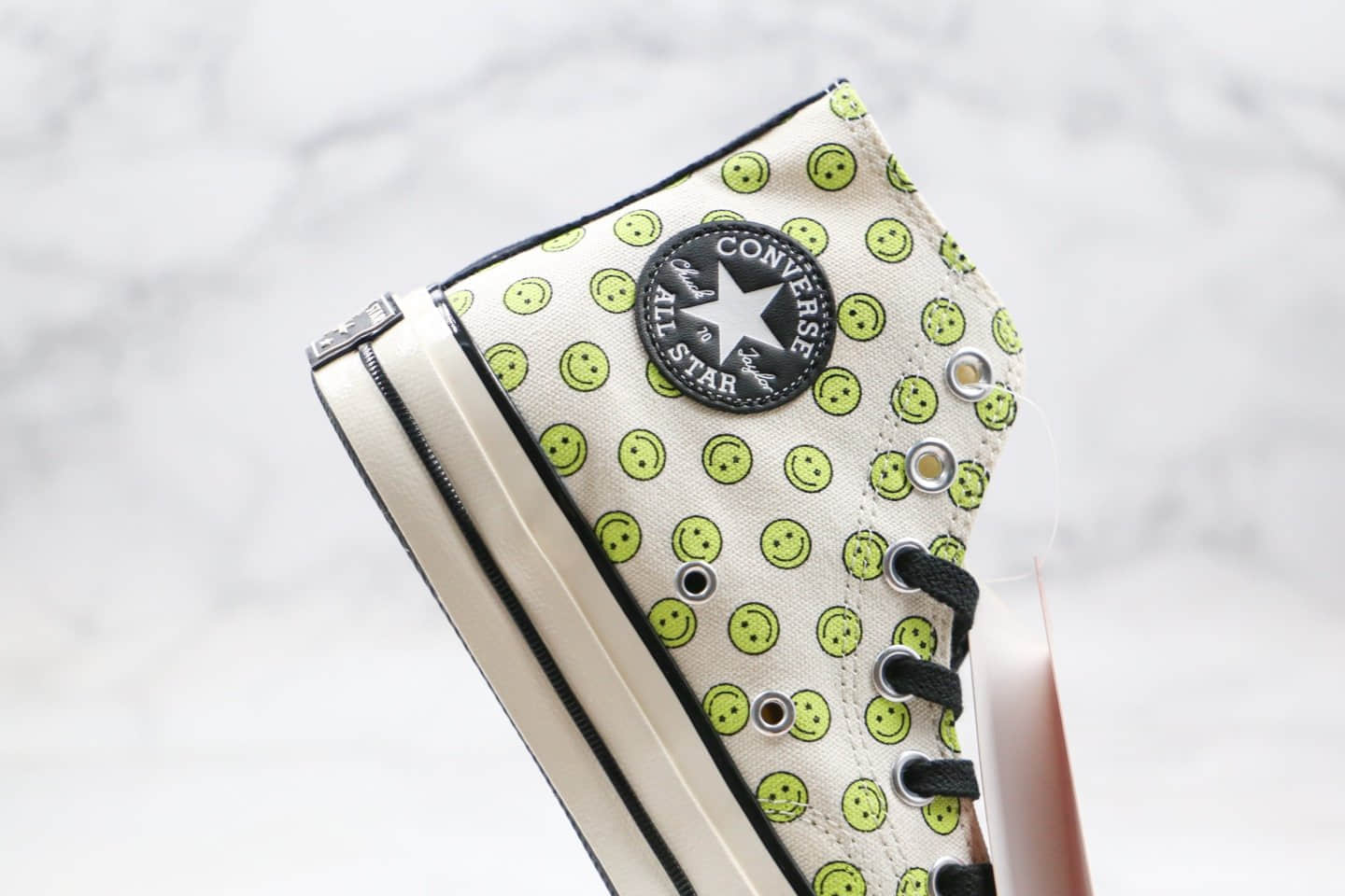 匡威Converse Chuck 70 HAPPY CAMPER公司级版本高帮笑脸黄绿色印花帆布鞋正确蓝底双围条硫化板鞋