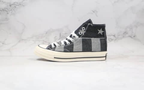 匡威Converse Chuck1970s公司级版本五角星黑灰牛仔布格子拼接高帮帆布鞋双围条硫化蓝底