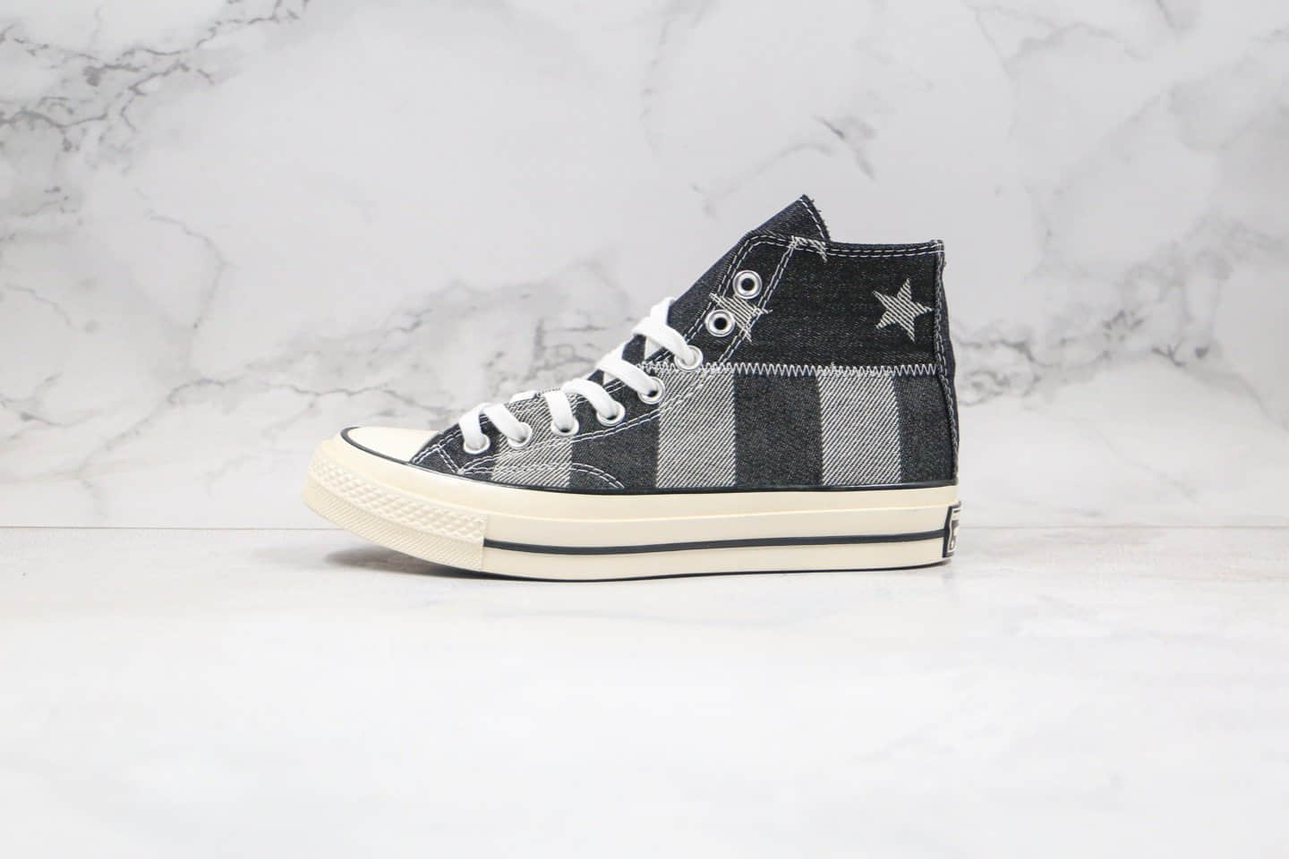 匡威Converse Chuck1970s公司级版本五角星黑灰牛仔布格子拼接高帮帆布鞋双围条硫化蓝底