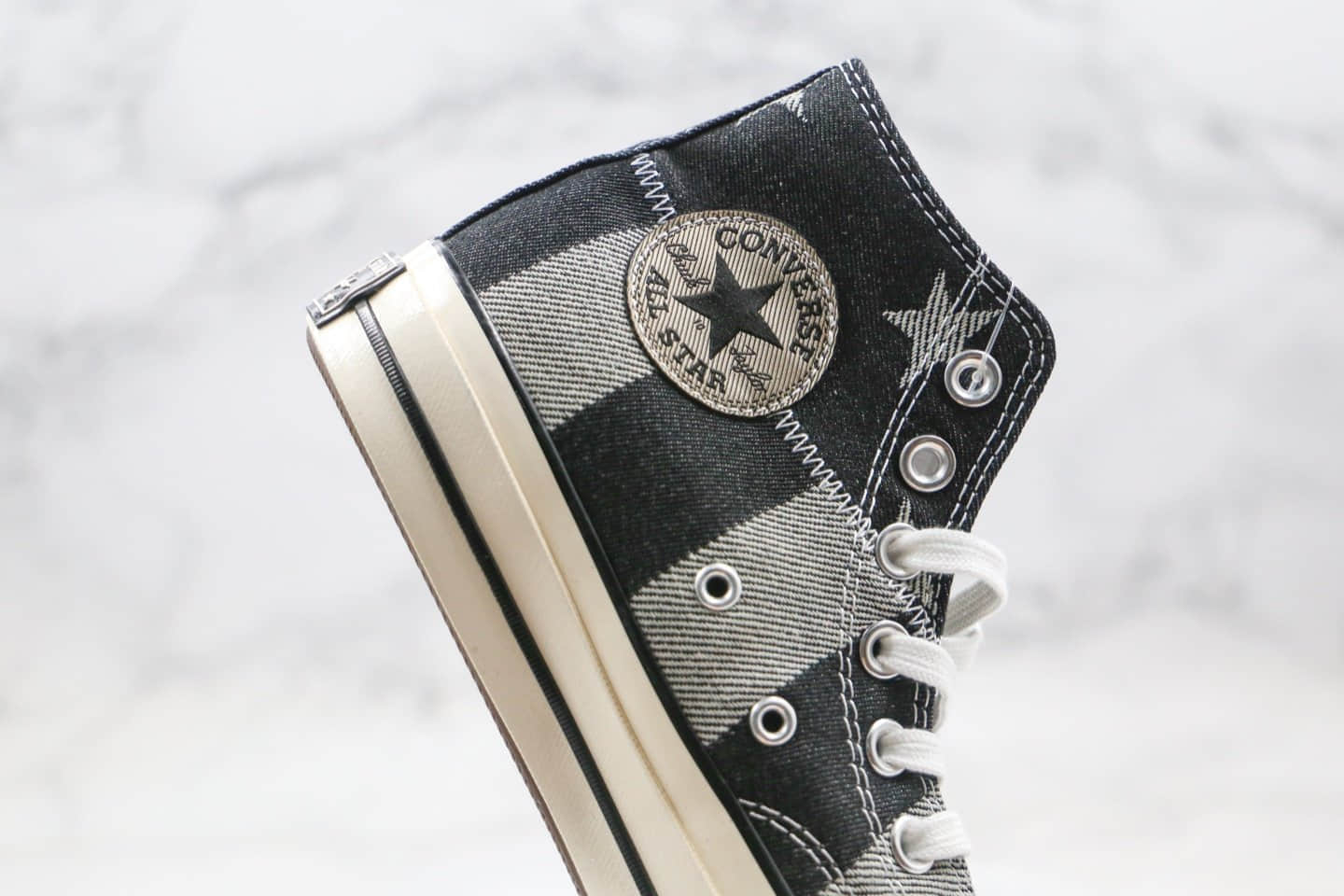 匡威Converse Chuck1970s公司级版本五角星黑灰牛仔布格子拼接高帮帆布鞋双围条硫化蓝底