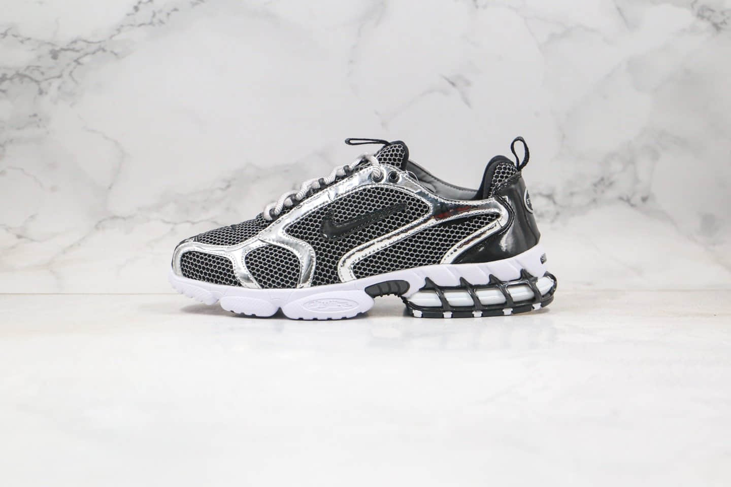 耐克Nike Air Zoom Spiridon Caged 2 x Stussy纯原版本斯图西联名款气垫鞋黑灰色斯皮里东‬牢笼2代乌金闪银内置真实气垫原盒原标 货号：CU1854-001