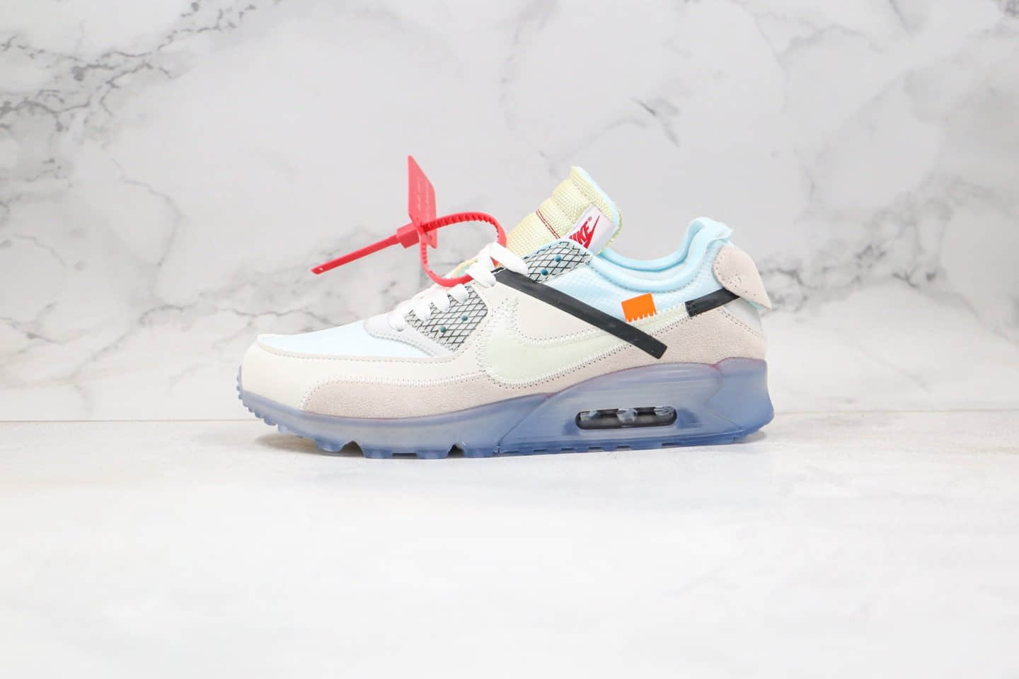 耐克Off -White x Nike Air Max 90 OW纯原版本联名款限量经典Max90气垫鞋白蓝色内置真实气垫原盒原标 货号：AA7293-100