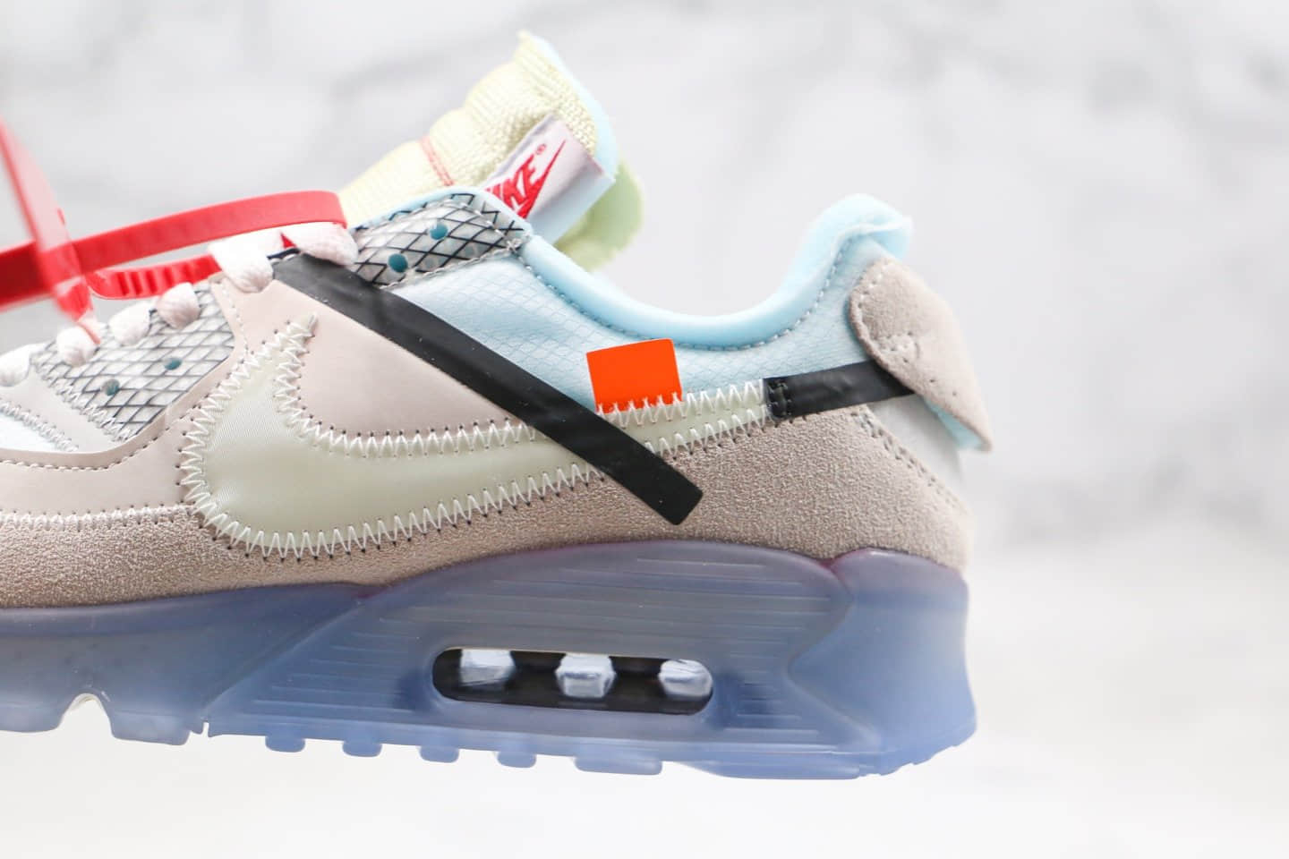 耐克Off -White x Nike Air Max 90 OW纯原版本联名款限量经典Max90气垫鞋白蓝色内置真实气垫原盒原标 货号：AA7293-100