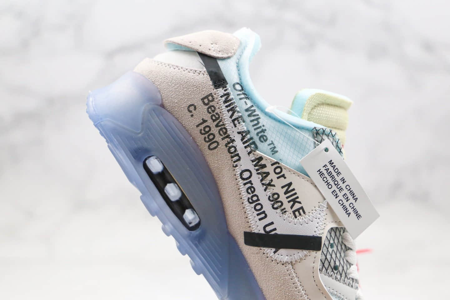 耐克Off -White x Nike Air Max 90 OW纯原版本联名款限量经典Max90气垫鞋白蓝色内置真实气垫原盒原标 货号：AA7293-100