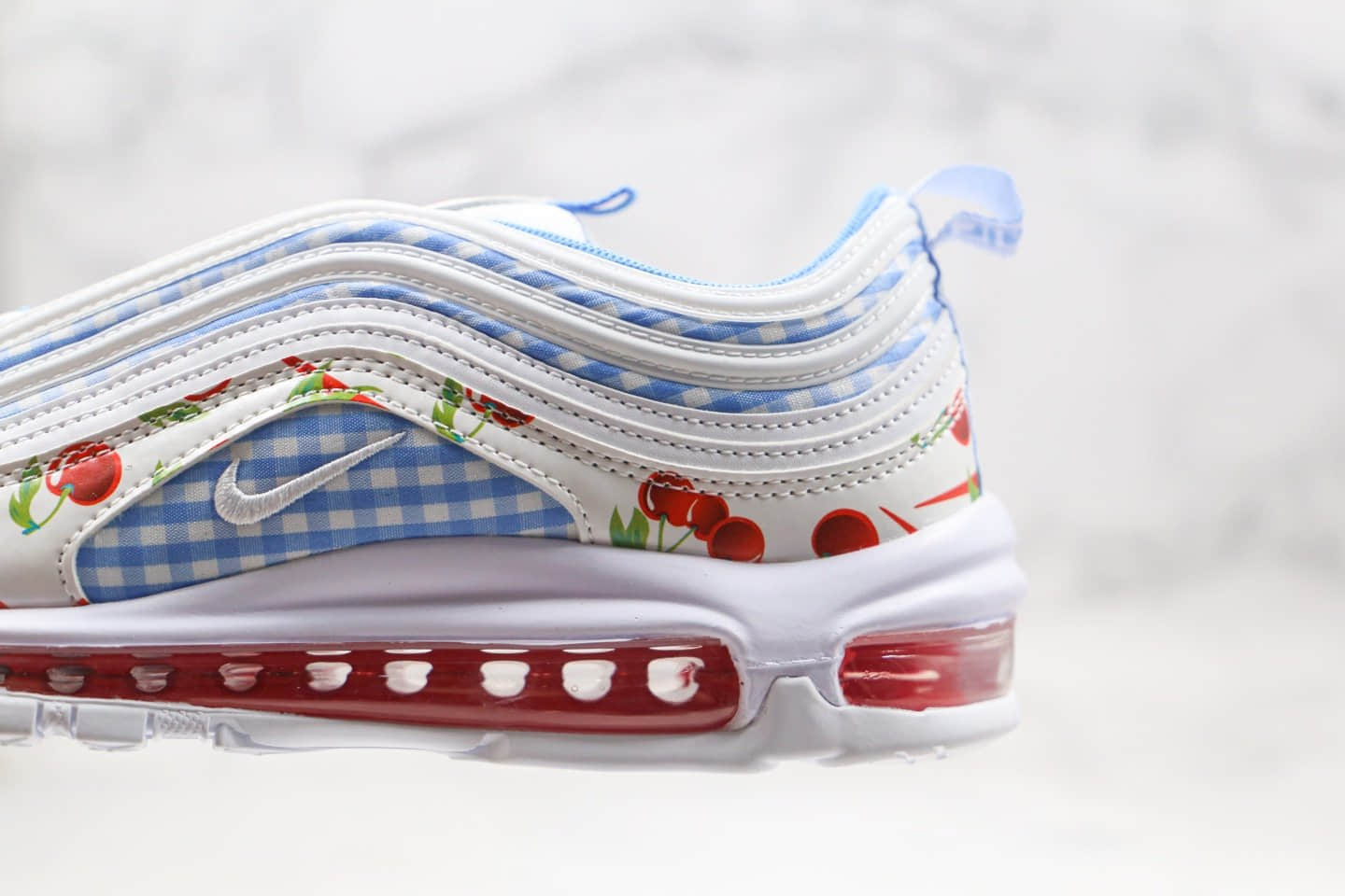 耐克Nike Air Max 97纯原版本子弹头气垫鞋格子蓝色樱桃配色内置真小潘气垫原档案数据开发 货号：CW5806-100