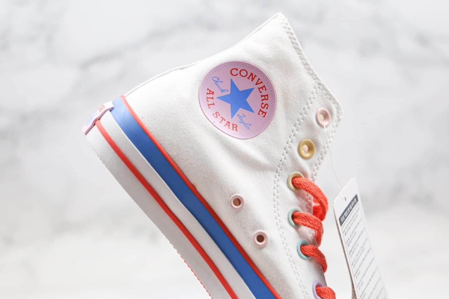 匡威Converse x Mille Bobby Brown公司级版本联名款高帮爱心情人节彩虹奶糖白橙蓝色双围条硫化蓝底 货号：567299C