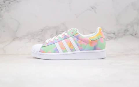 阿迪达斯Adidas Superstar Originals Superstar纯原版本三叶草贝壳头彩虹帆布扎染渐变粉色原盒原标正确鞋面卡色 货号：FY1268