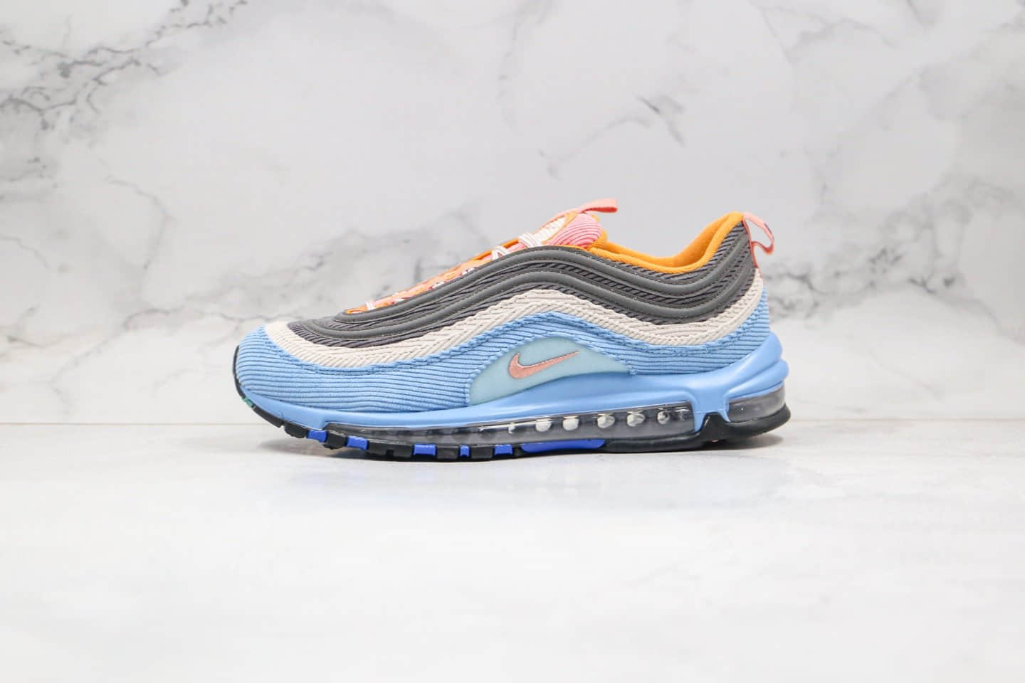 耐克Nike Air Max 97纯原版本灯芯绒子弹头气垫鞋蓝色内置真小潘全掌气垫原档案数据开发 货号：CQ7512-462