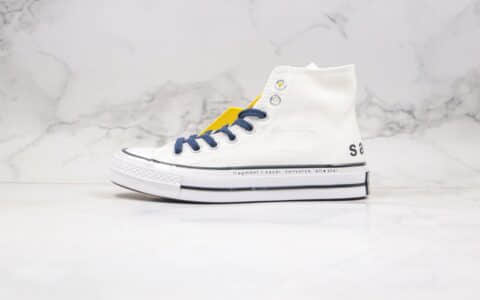 匡威Converse x Fragment Design x Sacai公司级版本三方联名款高帮白蓝色补丁铭牌缝线帆布鞋原厂硫化大底 货号：160329C