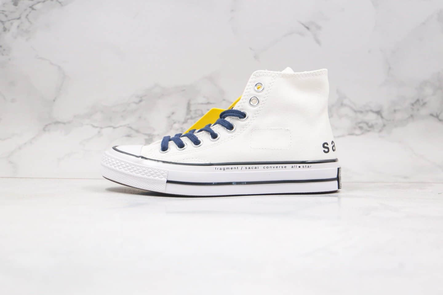 匡威Converse x Fragment Design x Sacai公司级版本三方联名款高帮白蓝色补丁铭牌缝线帆布鞋原厂硫化大底 货号：160329C