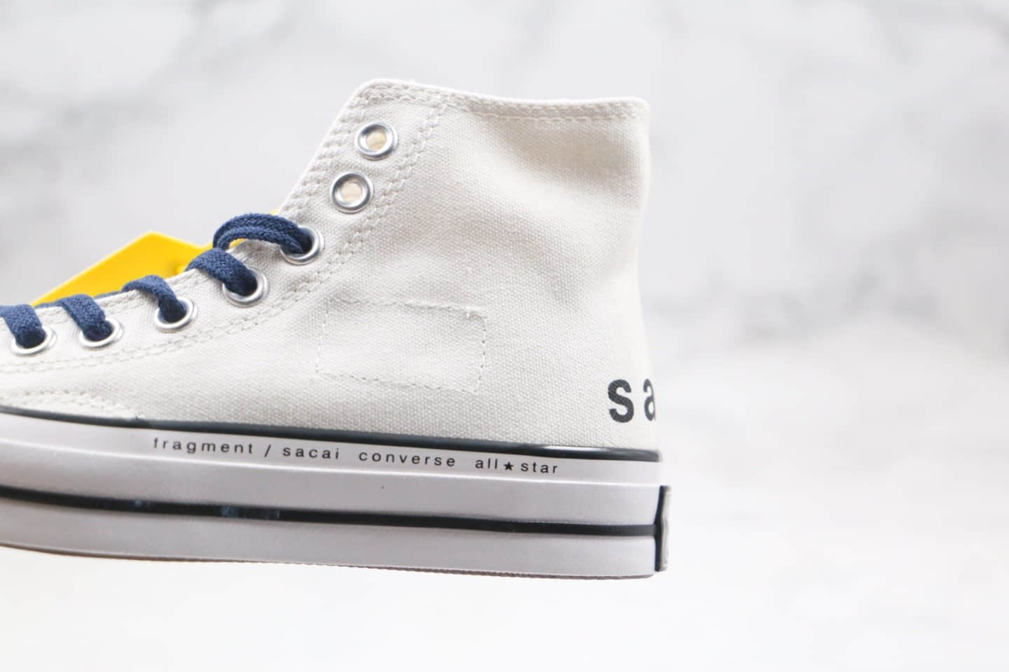 匡威Converse x Fragment Design x Sacai公司级版本三方联名款高帮白蓝色补丁铭牌缝线帆布鞋原厂硫化大底 货号：160329C