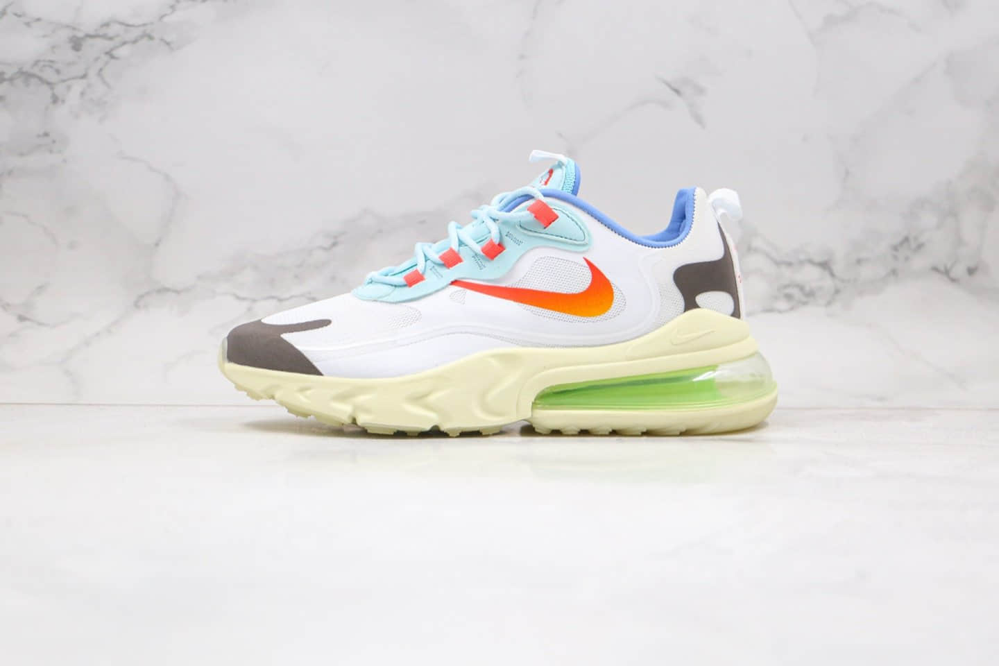 耐克Travis Scott x NiKe Air Max 270 React公司级版本气垫跑鞋倒钩淡奶油白蓝橙色原档案数据开发 货号：CT2864-100