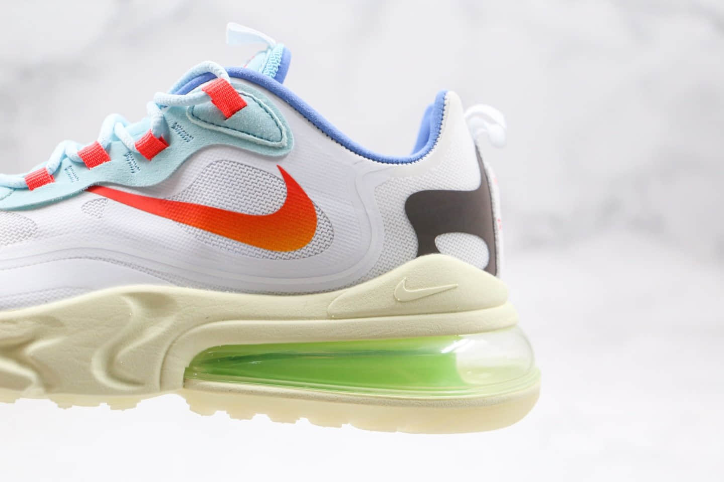 耐克Travis Scott x NiKe Air Max 270 React公司级版本气垫跑鞋倒钩淡奶油白蓝橙色原档案数据开发 货号：CT2864-100