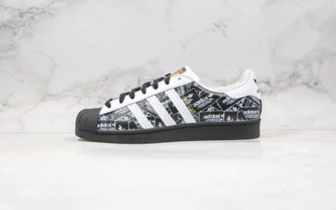 阿迪达斯adidas originals Superstar纯原版本三叶草贝壳头50周年印满LOGO白黑色区别市面通货版本 货号：FV2820