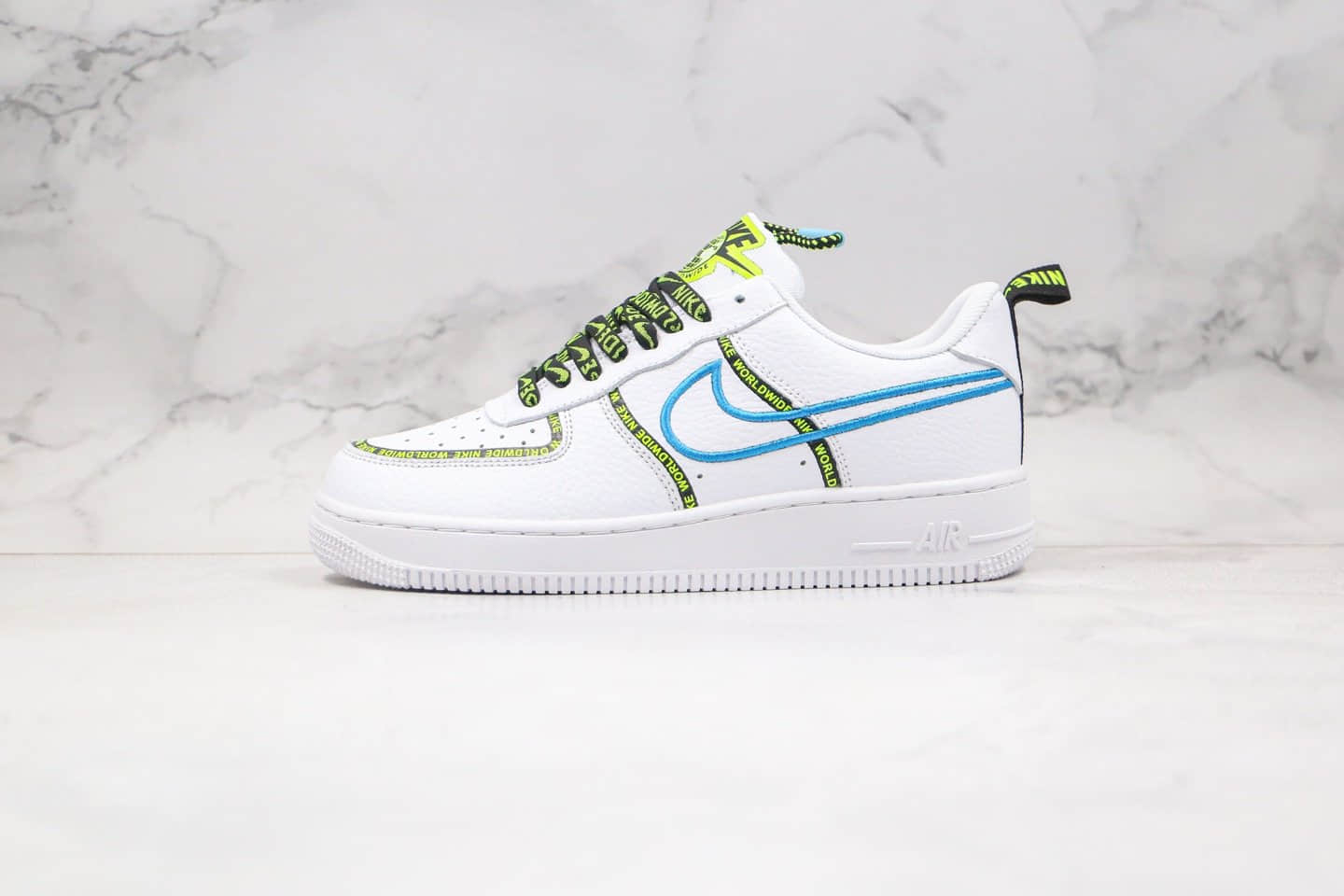 耐克Nike Air Force 1'07 Low World Wide纯原版本低帮空军一号字母弹幕花纹刺绣钩白绿蓝色内置气垫 货号：CK7213-100