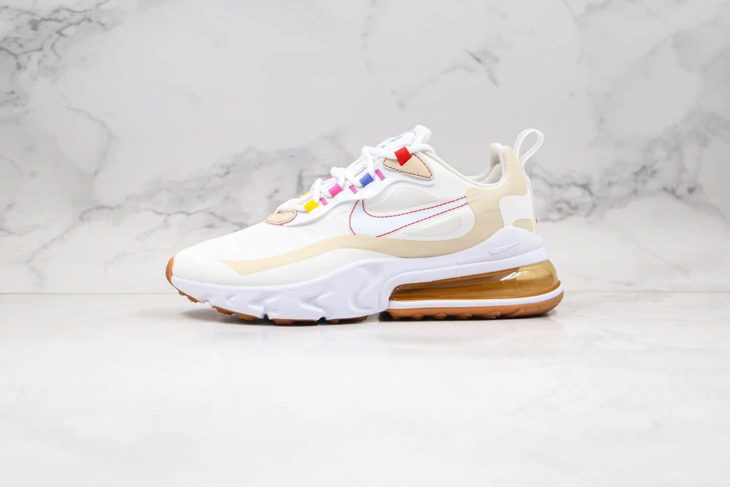 耐克Nike React Air Max 270 React LA Edition纯原版本高桥盾网纱系列半掌气垫Max270慢跑鞋白棕卡其色内置真实气垫 货号：CW0208-101